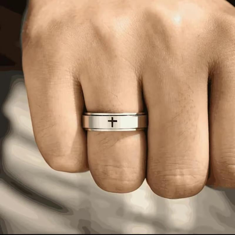 Anxiety Spinner Cross Ring for Men Titanium Stainless Steel Rotating Fidget Ring