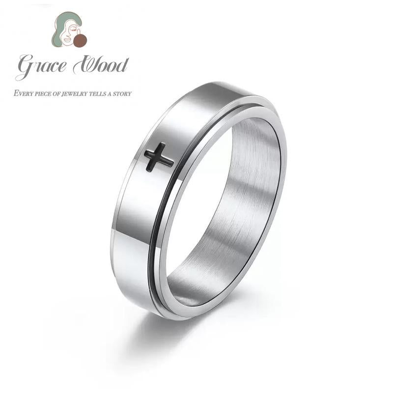 Anxiety Spinner Cross Ring for Men Titanium Stainless Steel Rotating Fidget Ring